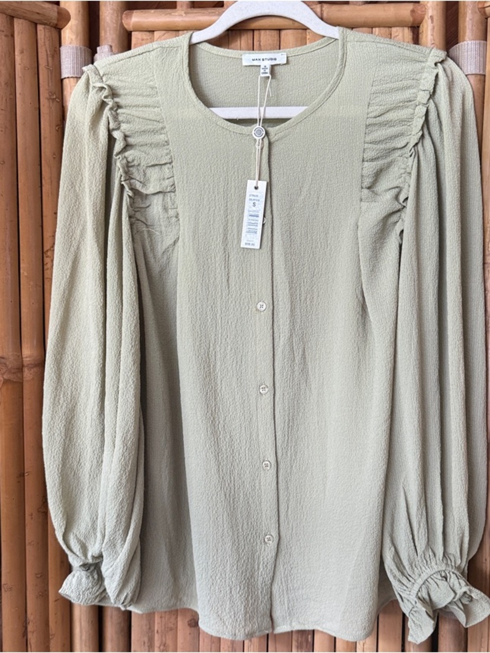 Max Studio Pale Sage Ruffle-Shoulder Button Front Blouse. NWT